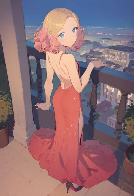score_9, score_8_up, score_7_up, score_6_up, vivid, vivid colors, colorful, eye catching, rating_explicit, BREAK, cute girl, (adorable girlfriend) (sister), (flat chest), (long legs), (wide hips:0.5), curly hair, blue eyes, blonde to pink hair color gradient, high heels, stilettos, high slit dress, black evening gown, sheer tights, outdoors, Manhattan, Greenwich Village, nighttime, at night, date with your beautiful girlfriend, loving, sweet, (smile:0.5), from above, looking back