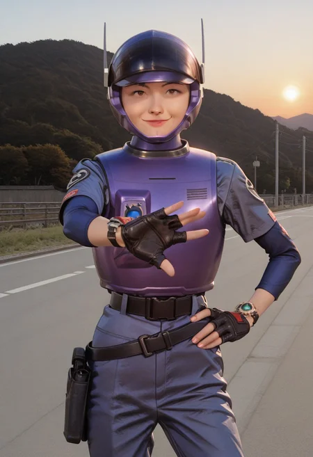 solo, 1girl, cowboy shot , perfect face, detailed faced,
purpl3sw4t, looking at viewer, smile, BREAK
purpl3sw4t, purple_turtleneck, helmet, purple, armor, fingerless_gloves, uniform_shirt, blue_sleeves, watches, belt, boots, holster, hand on hips, V_sign hands,
outdoors, road, sunset, dramatic lighting