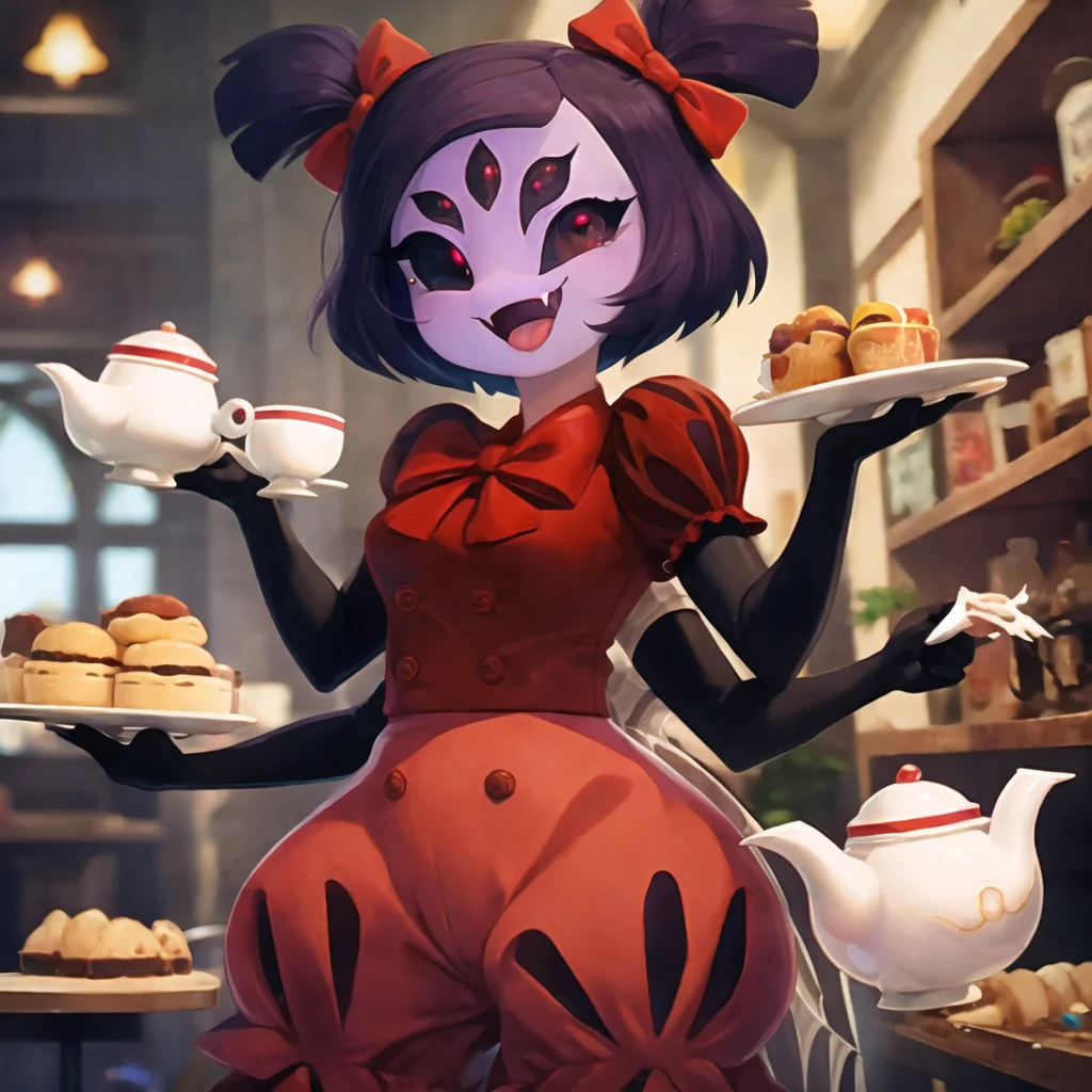 masterpiece, best quality, a beautiful and detailed portriat of muffet,(muffetwear), monster girl,((purple body:1.3)),humanoid, arachnid, anthro,((fangs)),pigtails,hair bows,5 eyes,spider girl,6 arms,solo,smile, clothed, open mouth, awesome and detailed background, holding teapot, holding teacup, 6 hands,detailed hands,((spider webs:1.4)), storefront that sells pastries and tea,bloomers,(red and black clothing),inside,pouring into teacup,wide angle lens, ((fish eye effect)) ,armwear
<lora:muffetv3:1>