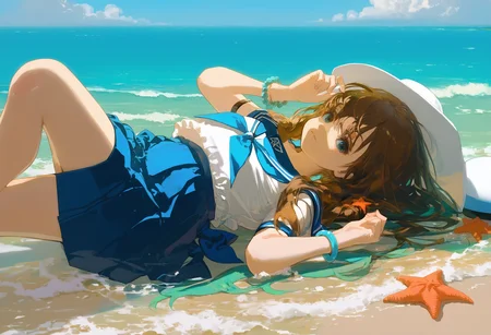 score_9, score_8_up, score_7_up, 1girl, lying, on back, solo, outdoors, cloud, seashell, shirt, starfish, sky, white shirt, sailor collar, ocean, skirt, beach, shell, jewelry, water, day, hat removed, blue skirt, bracelet, blue sky, brown hair, sand, dress, blue neckerchief, sleeveless, leg up
<lora:style_redum_pony_2:1>