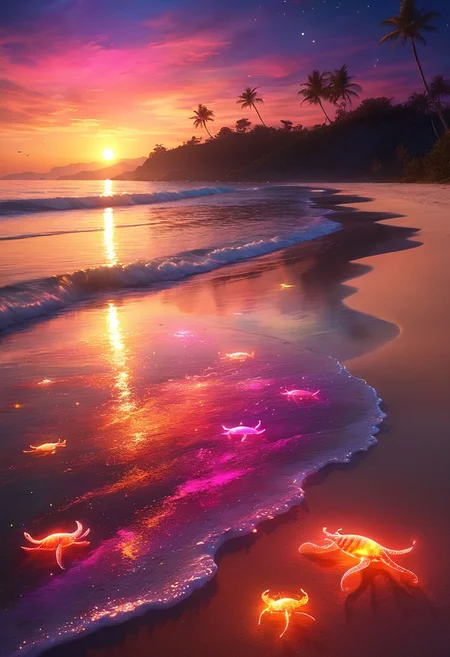 Illustrate a tranquil beach at sunset, with the sky ablaze in vibrant colors. Glowing sea creatures swim near the shore, and the sand sparkles with bioluminescence. Best quality, high resolution, hyper-detailed, 8k, seaside magic.