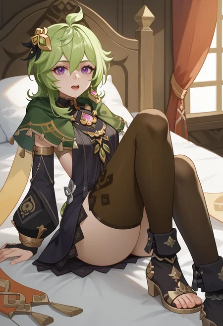 score_9, score_8_up, score_7_up, source_anime, 1girl, colleidef, green hair, medium hair, purple eyes, hair ornament, hair between eyes, ahoge, earrings, single earring, jewelry, green capelet, black dress, detached sleeves, puffy long sleeves, backless dress, bridal gauntlets, crossed bangs, brown thighhighs, asymmetrical legwear, thighlet, vision \(genshin impact\), boots, toeless footwear, open mouth, lying, on back, on bed, hands up, leg up, foot up, looking at viewer, indoors, bedroom, <lora:Collei_v1-000010:1>