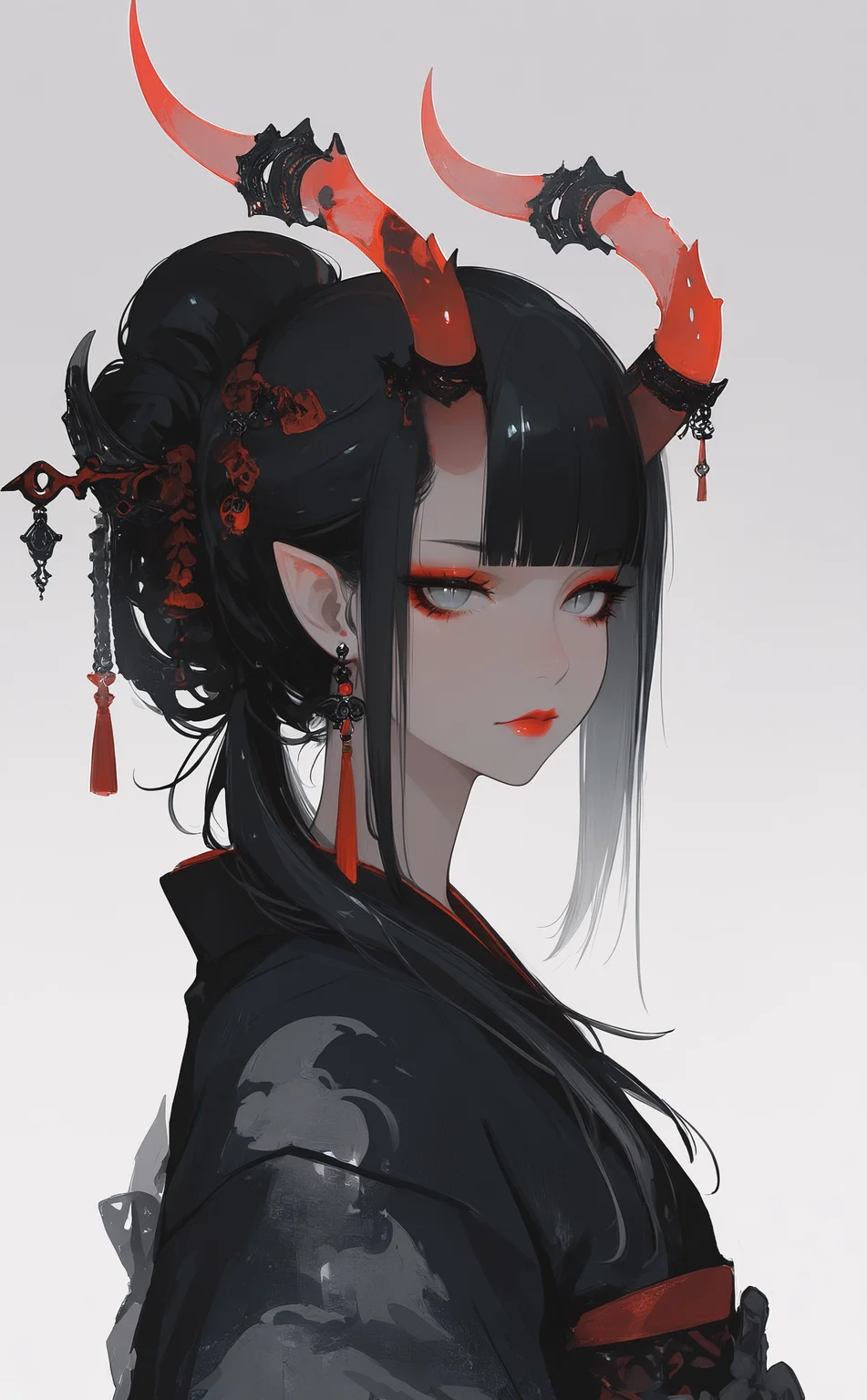 masterpiece, best quality, amazing quality, 1girl, solo, long hair, looking at viewer, simple background, black hair, white background, closed mouth, upper body, ponytail, earrings, horns, japanese clothes, pointy ears, blunt bangs, grey background, kimono, hair bun, from side, looking to the side, grey eyes, eyelashes, lips, makeup, demon horns, single hair bun, slit pupils, lipstick, hair over shoulder, eyeshadow, eyeliner, red lips, black kimono, horn ornament, red horns, tassel earrings, red eyeshadow, Cinematic Lighting, <lora:ppw_v7_noobEv1.1:0.5> <lora:XXX667:0.5> <lora:nhl-004:0.8>