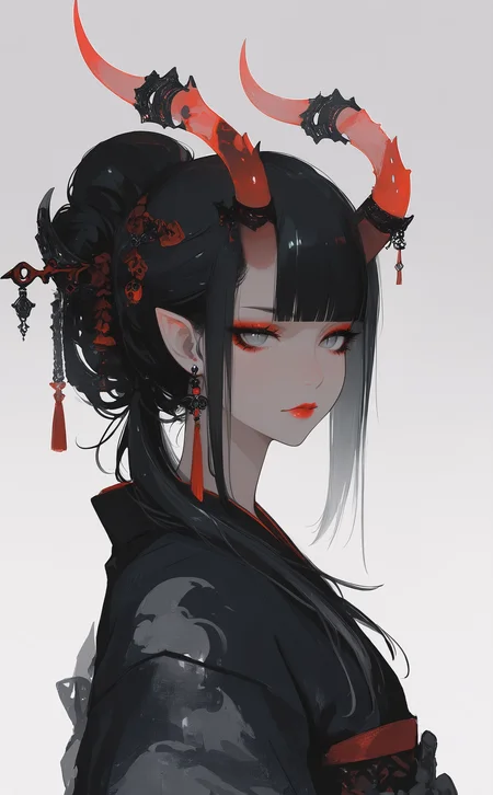 masterpiece, best quality, amazing quality, 1girl, solo, long hair, looking at viewer, simple background, black hair, white background, closed mouth, upper body, ponytail, earrings, horns, japanese clothes, pointy ears, blunt bangs, grey background, kimono, hair bun, from side, looking to the side, grey eyes, eyelashes, lips, makeup, demon horns, single hair bun, slit pupils, lipstick, hair over shoulder, eyeshadow, eyeliner, red lips, black kimono, horn ornament, red horns, tassel earrings, red eyeshadow, Cinematic Lighting, <lora:ppw_v7_noobEv1.1:0.5> <lora:XXX667:0.5> <lora:nhl-004:0.8>
