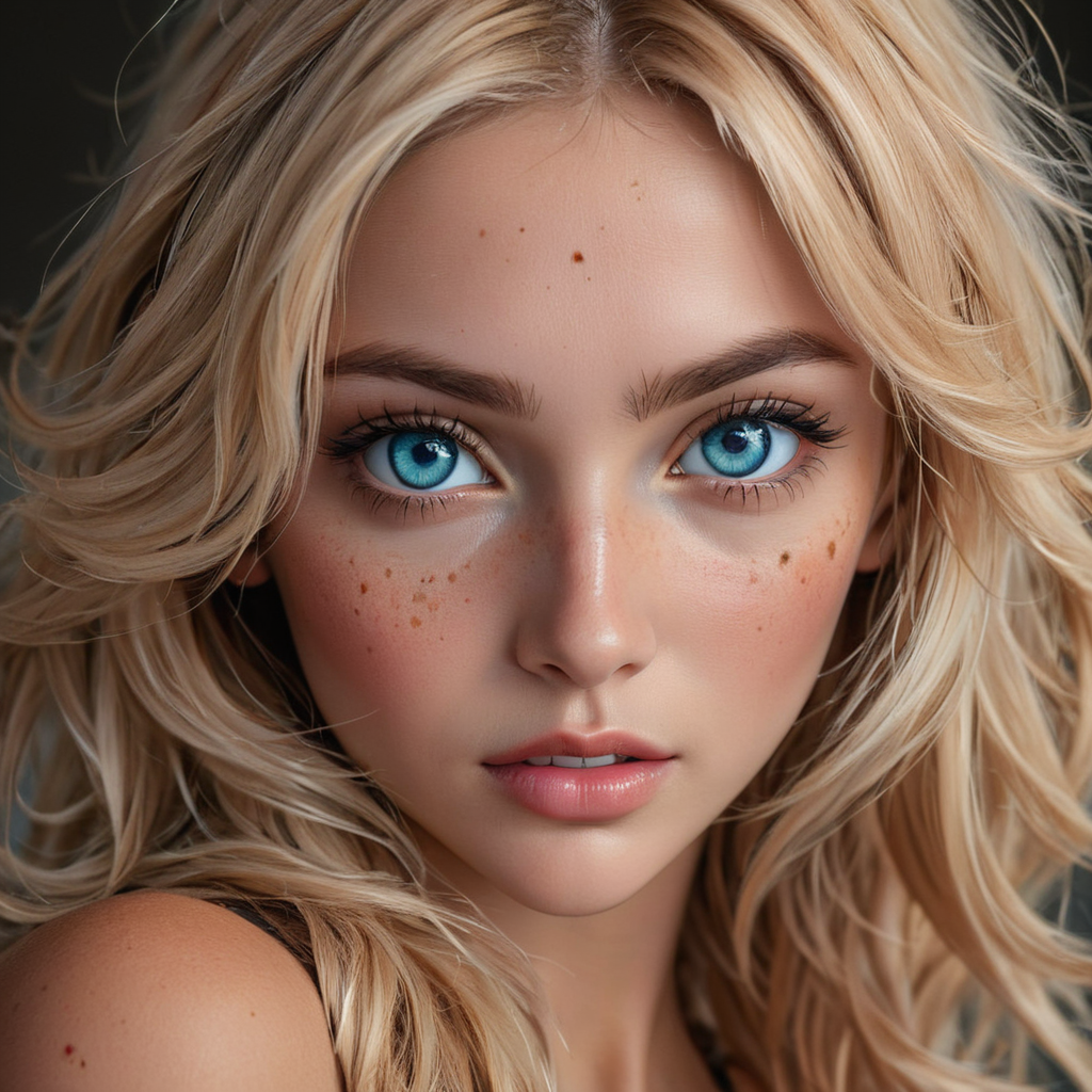 best, masterpiece, Domi with wavy blonde hair and blue eyes, extreme closeup, exotic colorful makeup, model face, model pose, selfie, highly detailed skin texture, freckles, highly detailed photo, professional photograph, dynamic lighting