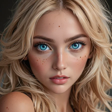 best, masterpiece, Domi with wavy blonde hair and blue eyes, extreme closeup, exotic colorful makeup, model face, model pose, selfie, highly detailed skin texture, freckles, highly detailed photo, professional photograph, dynamic lighting