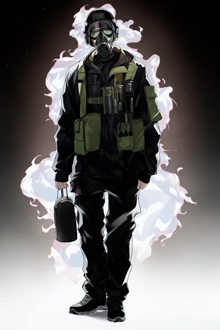 full body, man in a gas mask