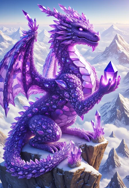 Amethyst Dragon Perched on a Mountain Peak
A massive dragon with scales entirely made of sparkling amethyst crystals sits on the jagged peak of a snow-covered mountain. The sunlight reflects off its iridescent wings, scattering violet light across the surrounding peaks. Snowflakes rest on the dragonâs crystalline body, glimmering like diamonds against the rich purple hues. In its claws, it holds a glowing amethyst orb, pulsing with ancient energy.