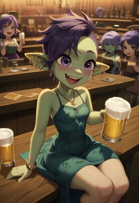 safe_pos, (score_9, score_8_up, score_7_up), bokeh, luminescent background,,SLVTK, s1_dram, dynamic pose, tavern bar, 1girl, cute, large eyes, shortstack, drunk, depth of field, goblin, green skin, purple hair, short punk hair, vine leaf dress, narrow waist, small breasts, necklace, bracelets, beer, (holding beer), laughing, sitting on bar