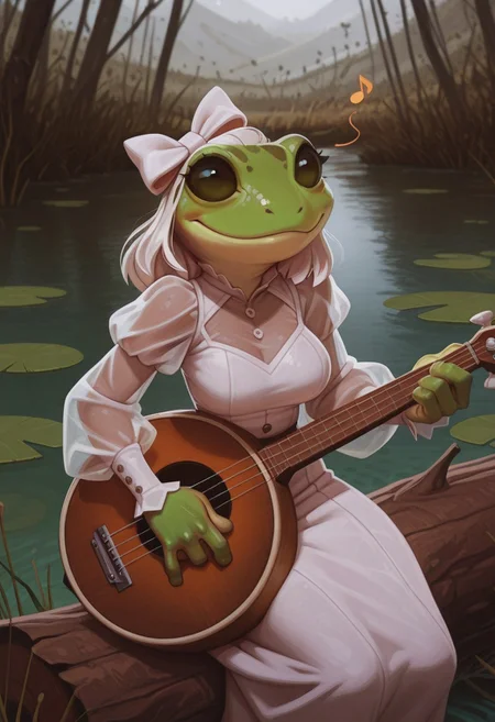 masterpiece, best quality, absurdres, highres, high quality, highly detailed,
1girl, solo, grungrace, anthro frog, spots, green skin, no humans, smile, white hair bow,
breasts,
white dress, fringe trim, puffy sleeves, see-through sleeves,
upper body, face focus, portrait,
banjo, playing instrument, musical note,
outdoors, depth of field, cinematic, sitting on log, lily pad, wetland,
no lineart, pixelsketcher,