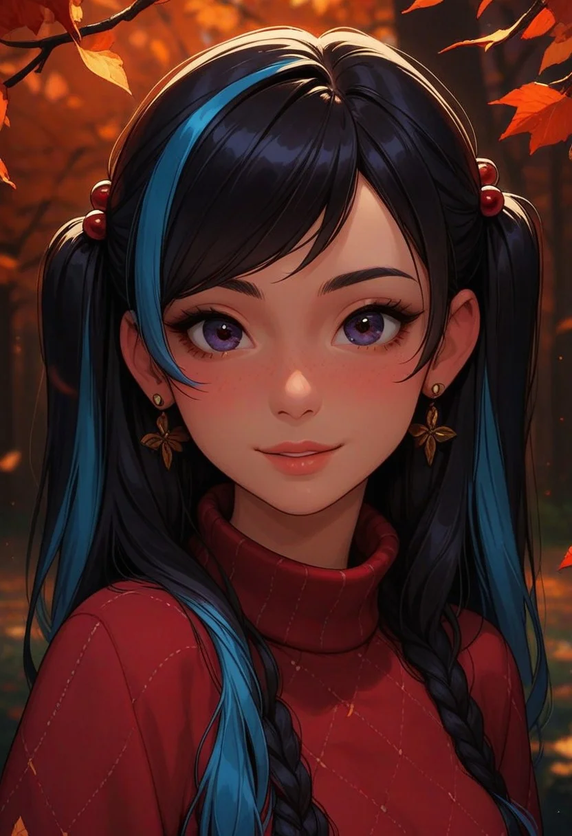 score_9, score_8_up, score_7_up, score_6_up,
1girl, 25 years old, perfect face, cute, petite,
dark eyes,
latino,
multicolored hair, black hair, blue hair, long hair, swept bangs, two side up, hair bobbles,
argyle clothes, (argyle sweater), red sweater,
autumn, autumn leaves,
blush, shy smile, portrait, face focus, depth of field,
looking at viewer, dynamic angle