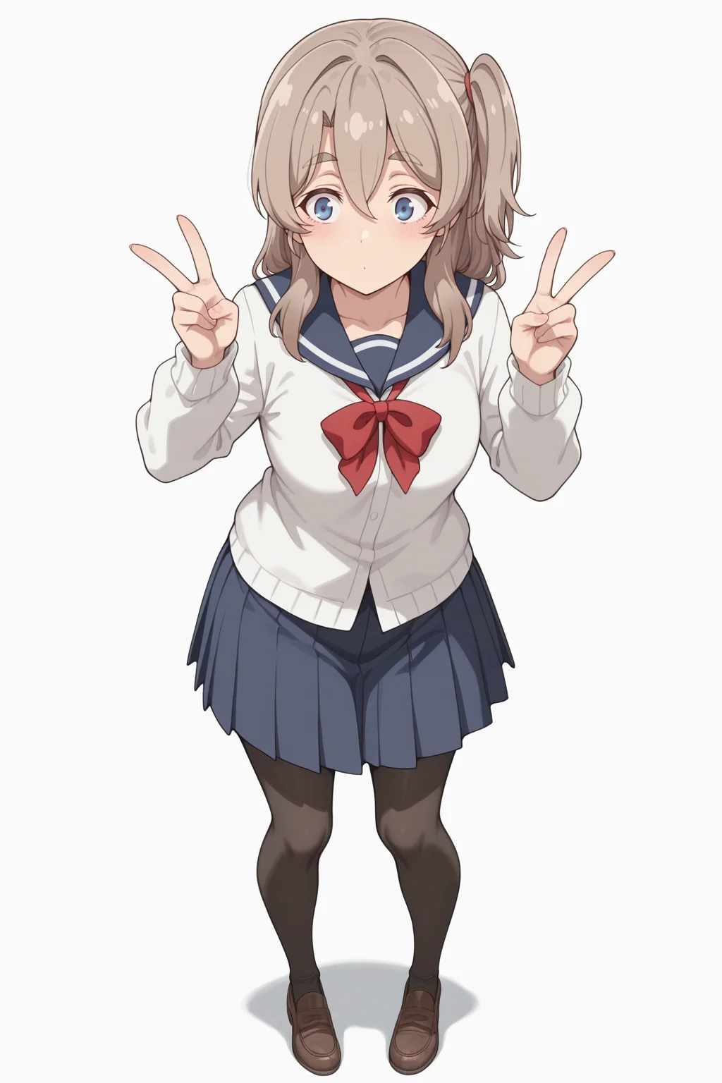 masterpiece, best quality, amazing quality, 1girl, s41t0um1n0, brown hair, long hair, blue eyes, one side up, hair between eyes, thick eyebrows, school uniform, serafuku, sailor collar, red bow, skirt, pantyhose, brown footwear, double v, aesthetic, white_background, full_body, standing