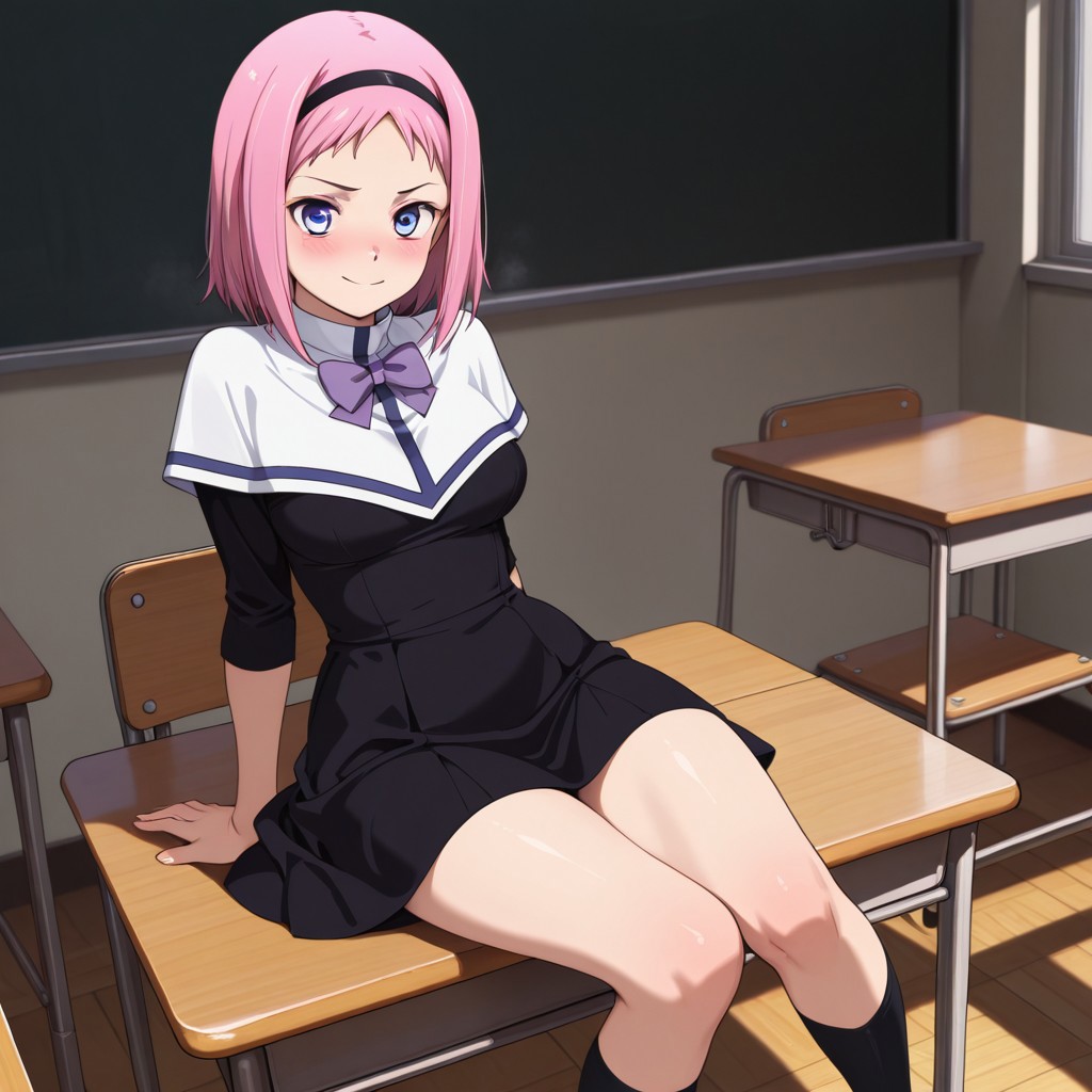 masterpiece , amazing , best quality , ultra detailed , 8k , high resolution , 1girl , solo , Kazumi_Schlierenzauer, medium breasts , classroom , black dress, white overtop, full body shot, sitting on desk, hands behind, looking at viewer , cheerful , perfect body , blush, purple bow