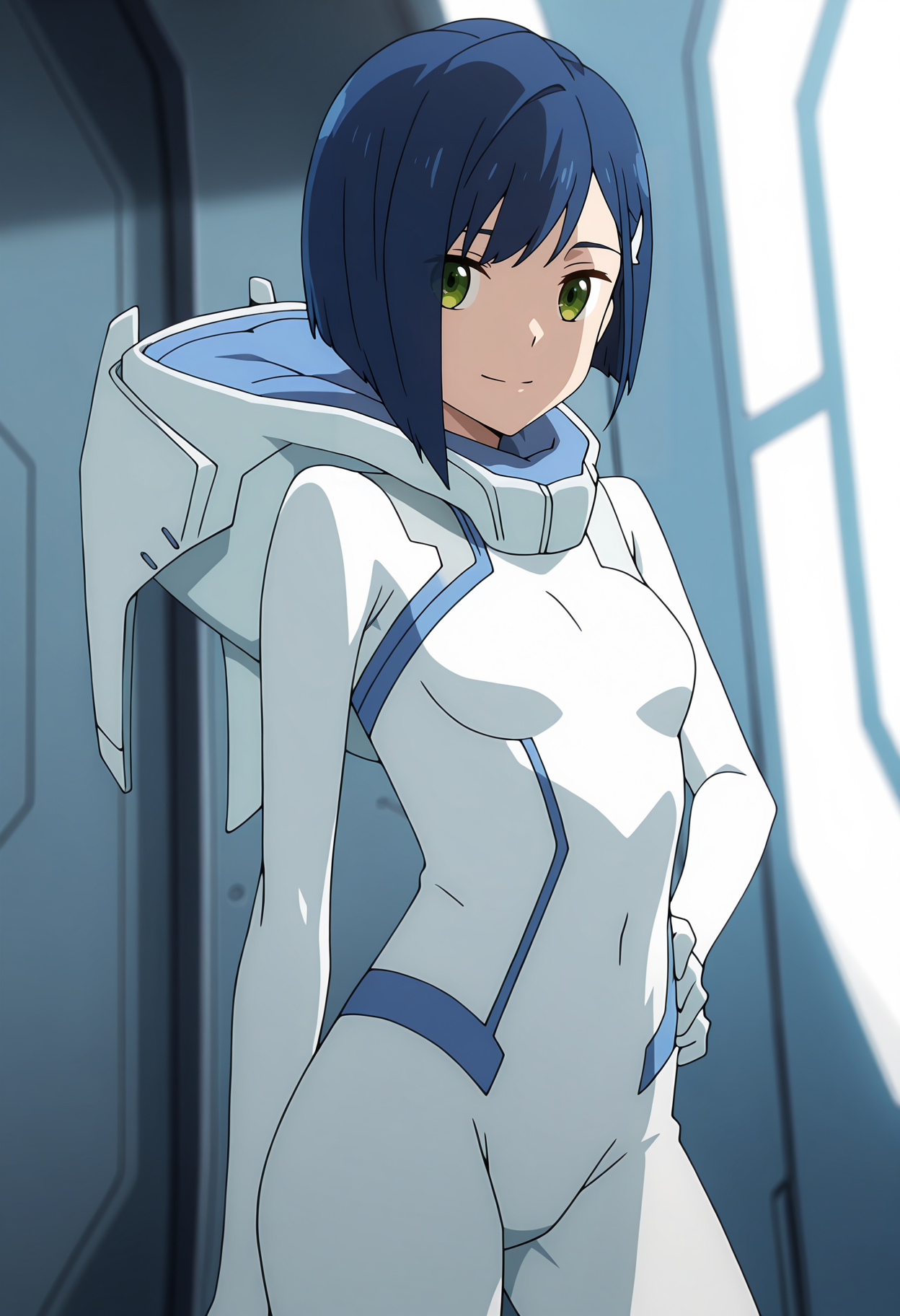 anime screencap, masterpiece, best quality,
<lora:DarlingInTheFranxx_Ichigo_IlluXL:0.9>,
1girl, solo, closed mouth, light smile,
asymmetrical hair, blunt ends, short hair, blue hair, green eyes, hairclip,
white bodysuit, hood, blue trim, skin tight,
hand on own hip, contrapposto, looking at viewer,
indoors, science fiction, blurry background