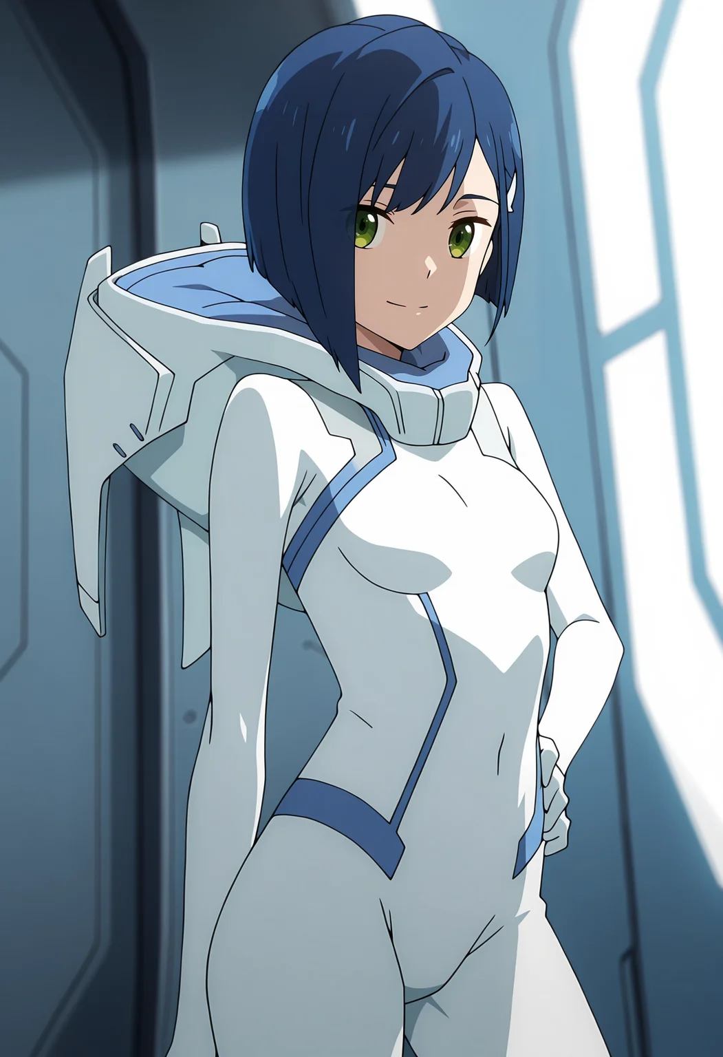 anime screencap, masterpiece, best quality,
<lora:DarlingInTheFranxx_Ichigo_IlluXL:0.9>,
1girl, solo, closed mouth, light smile,
asymmetrical hair, blunt ends, short hair, blue hair, green eyes, hairclip,
white bodysuit, hood, blue trim, skin tight,
hand on own hip, contrapposto, looking at viewer,
indoors, science fiction, blurry background