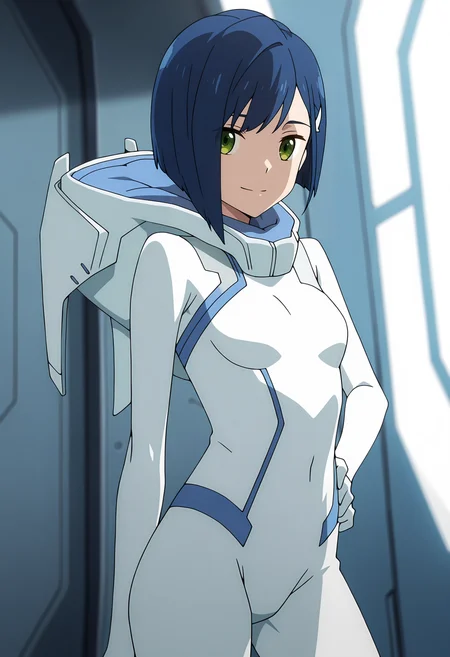 anime screencap, masterpiece, best quality,
<lora:DarlingInTheFranxx_Ichigo_IlluXL:0.9>,
1girl, solo, closed mouth, light smile,
asymmetrical hair, blunt ends, short hair, blue hair, green eyes, hairclip,
white bodysuit, hood, blue trim, skin tight,
hand on own hip, contrapposto, looking at viewer,
indoors, science fiction, blurry background