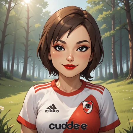 score_9, score_8, BREAK, solo, mii, wii u, wii sports club, 1girl, female mii, cute, brown hair, short ponytail, black eyes, makeup, blush, black purple eyeshadow, red lips, lipstick, RiverPlate, striped shirt, striped, shirt, white shirt, short sleeves, clothes writing, sportswear, soccer uniform, breasts, Se-Young_(\Wii_Sports_Club\), Nintendo Mii, modern_mii, classic_mii, adult female, mature female, sexy pose, self portrait, smile, outdoors, sunlight, shadows, evening lighting, natural lighting, forest, trees, grass, orange sky, sunset