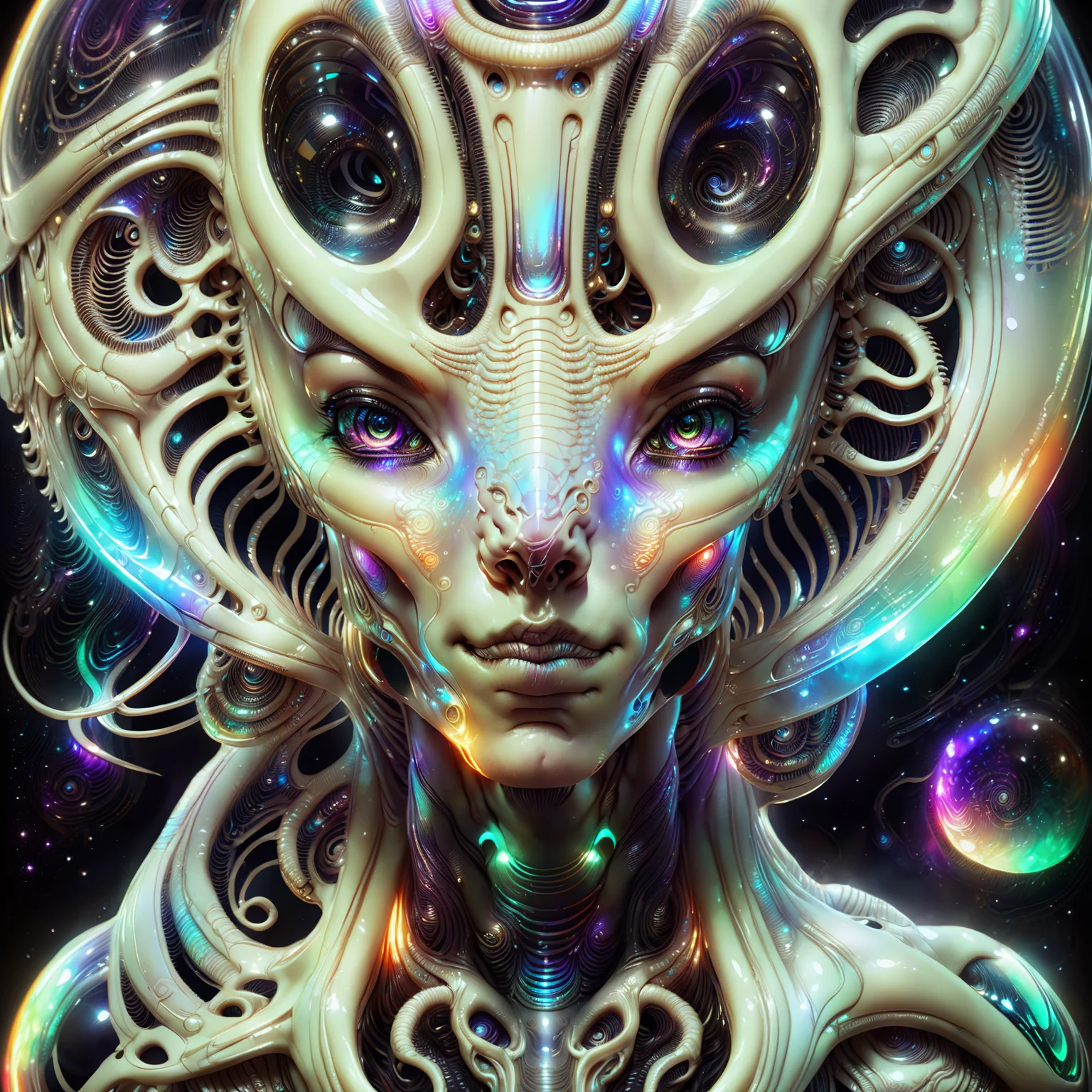 <lora:aiai-DiscoFaces-XL1-v1-captions:0.75> aiai-DiscoFaces style ethereal biomechanical (((xenomorph))) with a swirling galaxy inside its translucent head, inspired by alex grey and alessio albi and hr giger, internal illumination, hyperrealism, lucid, high quality, 8K Ultra HD, masterpiece, best quality