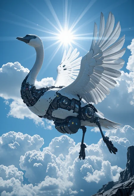 Flying with the Swans: The swan soaring through a radiant blue sky alongside his new family, wings spread wide and proud, The Resolution, The Ugly Duckling by Hans Christian Andersen,android, <lora:ck-Sci-Fi-Concepts-000015:0.2>, in the style of ck-sfc, <lora:scifi-robot-flux-v1:0.2>, scifi robot, <lora:scifi-room-flux-v1:0.2>, scifi room, <lora:Sci-fi_env_flux:0.2>, <lora:UNI_FI_NoCAP:0.2>, cinematic lighting, futuristic, sci-fi, plastic, glossy paper, iso150, 35mm, score_9, intricate details, Hyperrealism style, 3d, concept-art, dreaminess, psychedelic, shallow-depth-of-field, cinematic lighting, soft bokeh, very beautiful composition, Unreal, real-time 3D, Epic Games style, Unreal Engine style, 3d-rendering, vibrant contrast depth and shadow enhanced using (Gaussian blur) for a soft background focus, (sharpen filter) applied, (color grading) to enhance contrast between warm and cool tones, (noise reduction) for a smooth, clean finish, (HDR toning) used for extra depth and detail, highly detailed dreamy background detailed skin texture, subsurface scattering award-winning, professional, highly detailed, dreamlike, mysterious, provocative, symbolic, intricate, detailed, hyper-detailed, masterpiece, award winning, midjourneyv6.1