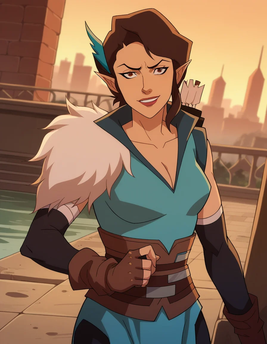 score_9, score_8_up, score_7_up, source_anime,
vexahlia, <lora:vexahlia-ponyxl-lora-nochekaiser:1>,
vexahlia, short hair, brown hair, black hair, hair ornament, pointy ears, brown eyes,
gloves, cleavage, collarbone, fingerless gloves, armor, brown gloves, quiver,
outdoors, cityscape, smile,
looking at viewer, dutch angle, cowboy shot,