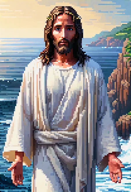 A beautifully detailed pixel art of Jesus Christ, 64 bit,
<lora:Real_Jesus_Christ:0.6> j35us_sot, 1man, dark hair, long hair, beard, facial hair, olive skin, wearing white robes, brown eyes, cool, ocean scenery,