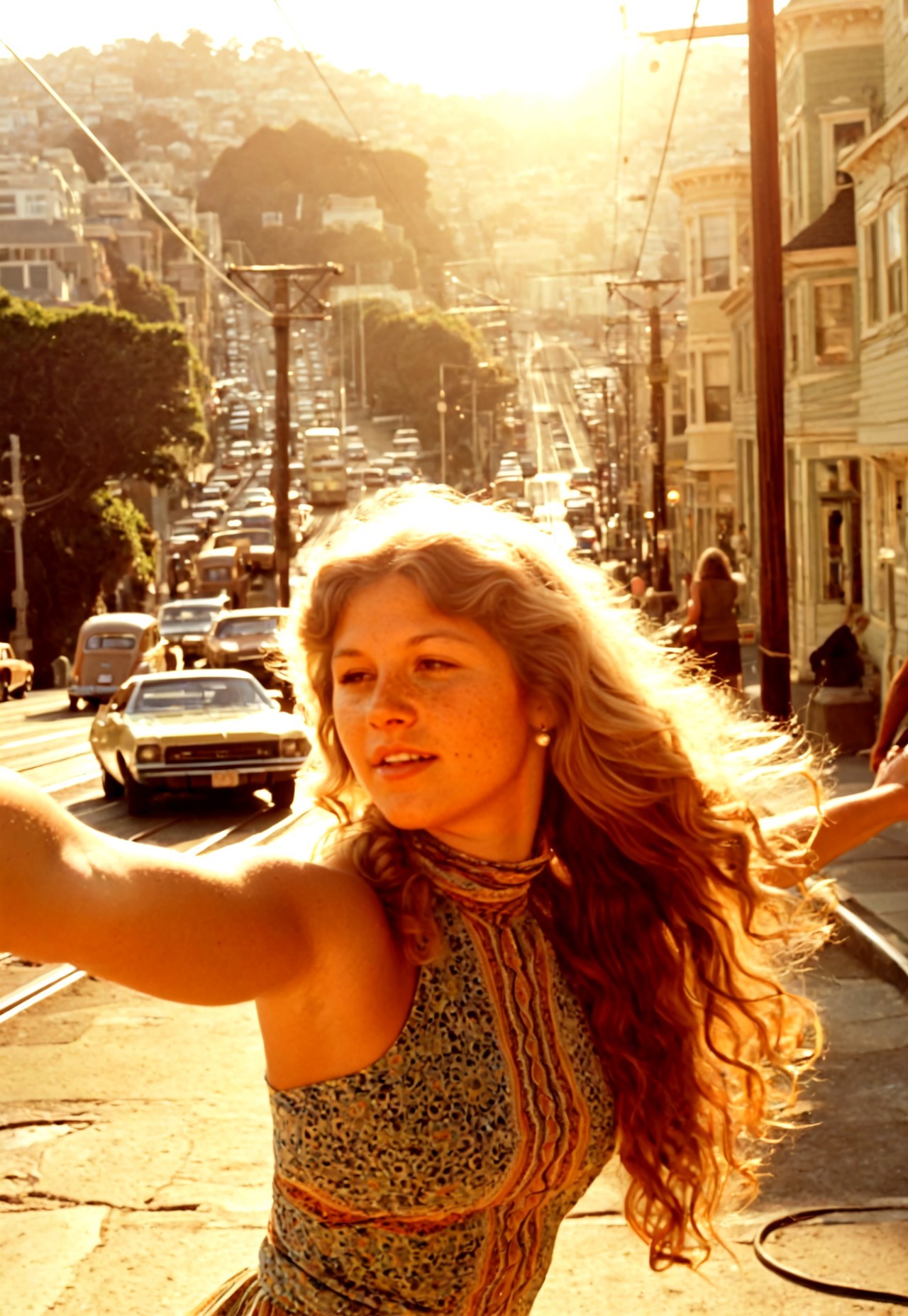 (((masterpiece, best quality, amazing quality, absurdres, realistic, detailed skin, dynamic angle))),


(((cute face closeup)))
realistic street photography, 1970s San Francisco, young woman, 20 years old, blonde, long wavy hair, hippie, chest and face, side view, turning head to viewer, (((arm outstretched towards the viewer:1.3))),serene expression,lips apart, teeth, natural movement, cute, freckles, dust light, vintage 70s short tight dress, stretch fabric, psychedelic patterns, high collar ,sleeveless, 

urban San Francisco background: steep hilly street, tram rails, vintage cable car classic 70s cars parked on the sides, street lamps, overhead wires. warm sunset light, long shadows, soft golden hour lighting, sharp focus on subject, slight depth of field blur on background, film grain, subtle desaturation, high detail, high realism, high resolution, photo taken on the spot