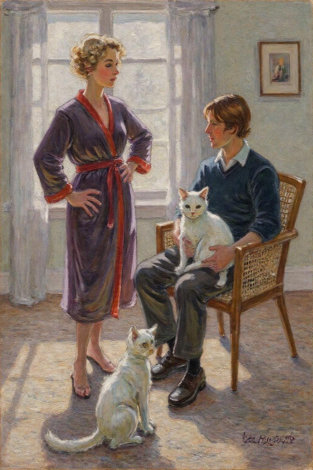 dorotheasharp1 painting. 
A serene, intimate scene set in a softly lit room. The artwork features two people and a cat. The woman stands on the left, dressed in a long, dark purple robe with a red trim, which falls to her feet. She has curly blonde hair and a contemplative expression, standing with one hand on her hip. To her right, a man sits in a modern, mid-century modern chair with a wicker backrest. He has medium-length brown hair and is dressed in a dark blue sweater and dark pants. He holds a white cat in his lap, which is gazing at the woman.  <lora:dorotheasharp1_f16:1.0><lora:867753574623366317:0>