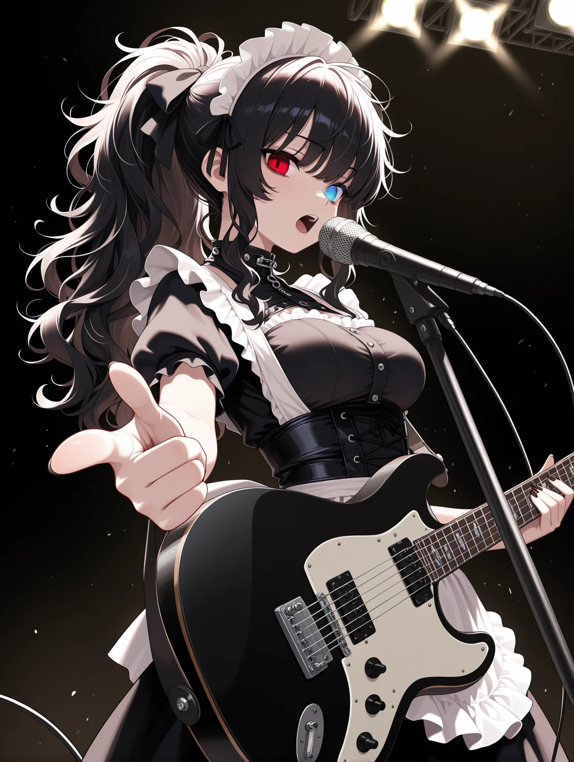 1girl, heterochromia, long hair, messy hair, medium breasts, ponytail, wavy hair, goth fashion,maid, hair ribbon, playing instrument, electric guitar, singing, pointing at viewer, stage lights, dark background,
,masterpiece,best quality,amazing quality,
