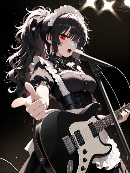 1girl, heterochromia, long hair, messy hair, medium breasts, ponytail, wavy hair, goth fashion,maid, hair ribbon, playing instrument, electric guitar, singing, pointing at viewer, stage lights, dark background, 
,masterpiece,best quality,amazing quality,