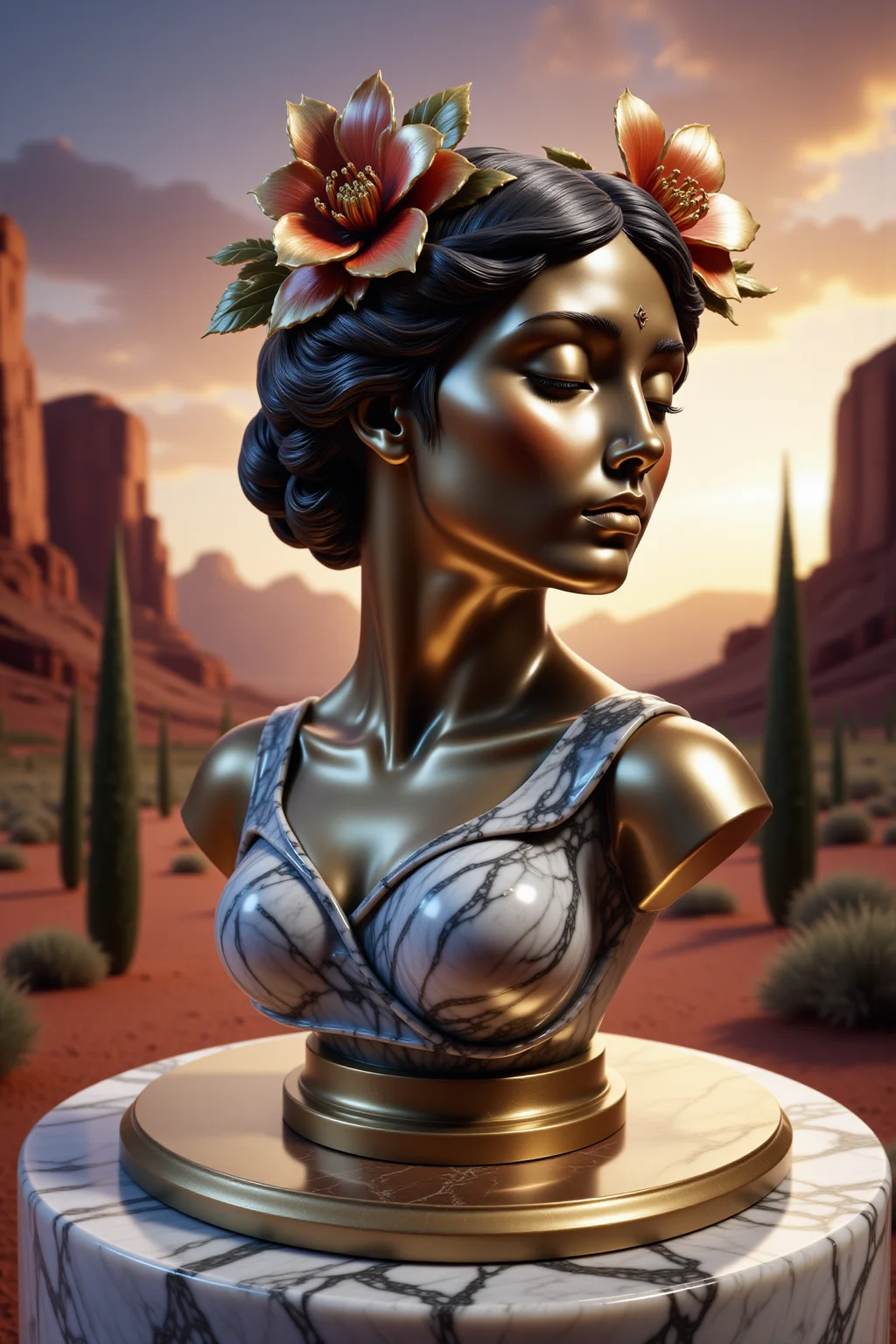Midjourney dark fantasy style, very detailed statue made out of titanium and marble a digital art piece that appears to be of a woman's head and shoulders. (It is standing on circular gold platform on a pedestal:1.8)
. The sculpture is made of a metallic material, possibly bronze or bronze, and is set against a backdrop of a desert landscape with red rocks and trees. The sky is filled with orange and pink hues, indicating that it is either sunrise or sunset.
The woman's face is turned to the side, with her eyes closed and her head tilted slightly to the left. She has two large flowers in her hair, one on each side of her head. The flowers are intricately detailed and appear to be made of leaves and petals. Her hair is styled in a bun with a few strands of hair framing her face. The overall mood of the image is peaceful and serene., <lora:flux-marblestyle:1>, <lora:Midjourney dark fantasy style:0.5>