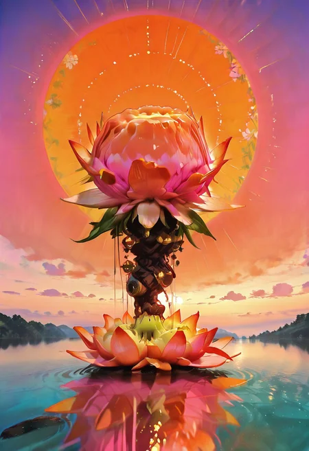 A serene woman, short hair, light hair, gazes upward, soft expression, contemplative, simple dress, elegant dress, watercolor-style floral patterns, dress with pink and red hues, Delicate gold accents, vibrant flowers in background, dreamy flowers, ethereal, ((romantic, romanticism)), tranquil lake scene, at sunset, vibrant orange hues, vibrant purple hues, vibrant pink hues of, reflecting on the water surface, shapes mirrored in the calm water, low horizon, distant fog, colorful sky, in the style of cksc, vdsur, surreal, colorful background, masterpiece, best quality, very aesthetic, newest, absurdres, incredibly absurdres, amazing quality, depth of field, inspired by Claude Monet, sucking own peaches