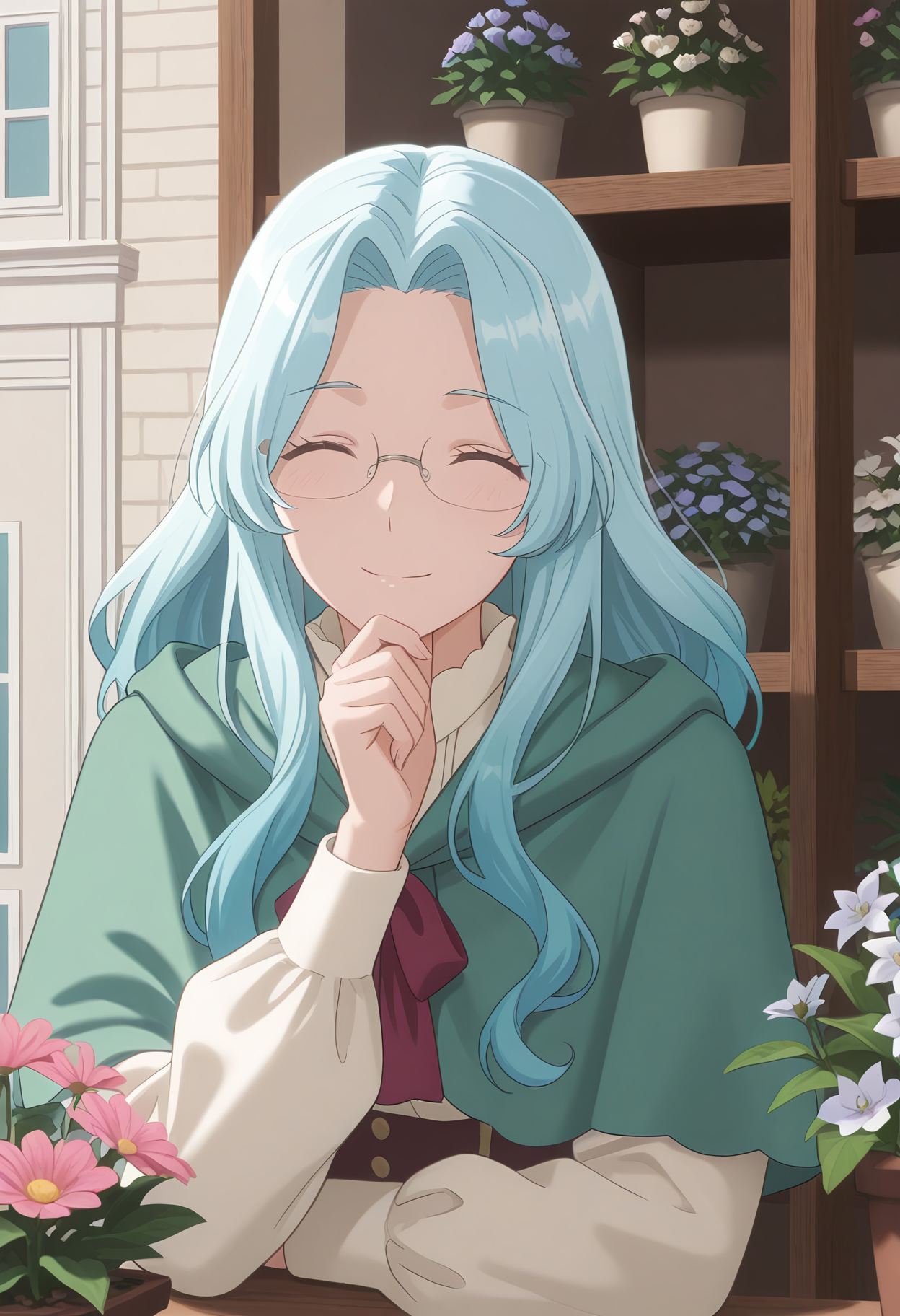 Smooth Quality,masterpiece, ultra realistic,
flower shop,
sideways,\(^o^)/,hand on own chin,
 <lora:EvaLuria:0.8> Eva/Cnn, Sist2/Cnn, 1girl, glasses, long hair, blue hair,green capelet,glasses,