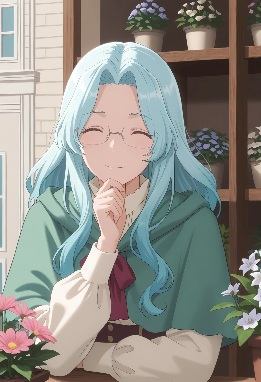 Smooth Quality,masterpiece, ultra realistic,
flower shop,
sideways,\(^o^)/,hand on own chin,
 <lora:EvaLuria:0.8> Eva/Cnn, Sist2/Cnn, 1girl, glasses, long hair, blue hair,green capelet,glasses,