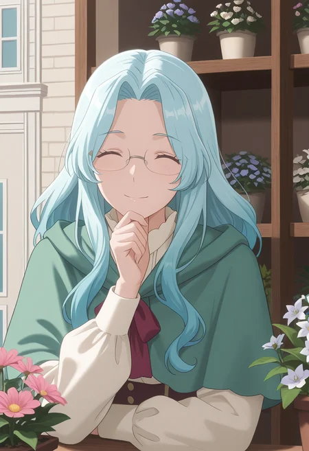 Smooth Quality,masterpiece, ultra realistic,
flower shop,
sideways,\(^o^)/,hand on own chin,
<lora:EvaLuria:0.8> Eva/Cnn, Sist2/Cnn, 1girl, glasses, long hair, blue hair,green capelet,glasses,