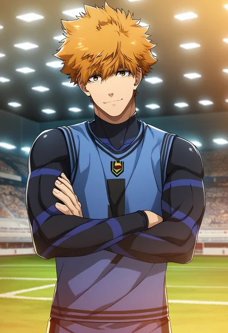 1boy, male focus,
<lora:Character_-_Blue_Lock_-_Rensuke_Kunigami:1> rensuke, brown eyes, orange hair
((zPDXL)), score_9_up, score_8_up, score_7_up, score_6_up, score_5_up, score_4_up, best quality, amazing quality, best aesthetic, absurdres, year2023, nsfw, game cg, official art, official style, uncensored,
indoors, soccer field, depth of field, upper body, facing facing viewer, looking at viewer, bodysuit,
