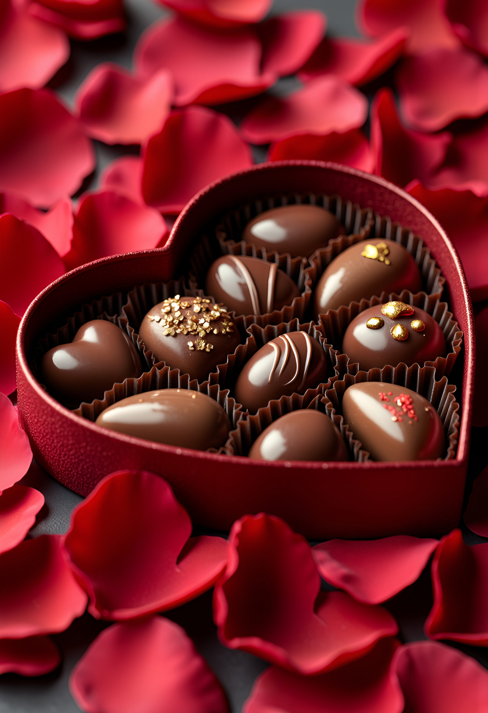 A heart-shaped box filled with delicate chocolates, resting on a bed of rose petals. The scene evokes a sense of romance, indulgence, and the sweet pleasures of love. Photorealistic, soft, warm lighting, shallow depth of field focusing on the chocolates within the box, highly detailed 4k render