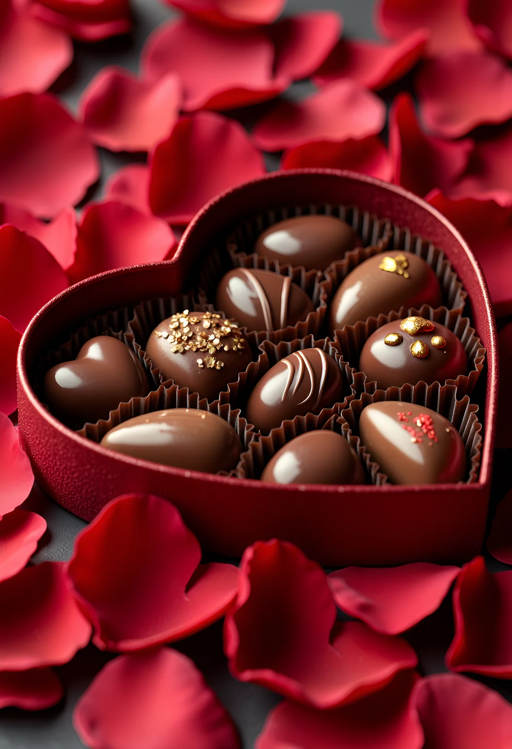 A heart-shaped box filled with delicate chocolates, resting on a bed of rose petals. The scene evokes a sense of romance, indulgence, and the sweet pleasures of love. Photorealistic, soft, warm lighting, shallow depth of field focusing on the chocolates within the box, highly detailed 4k render