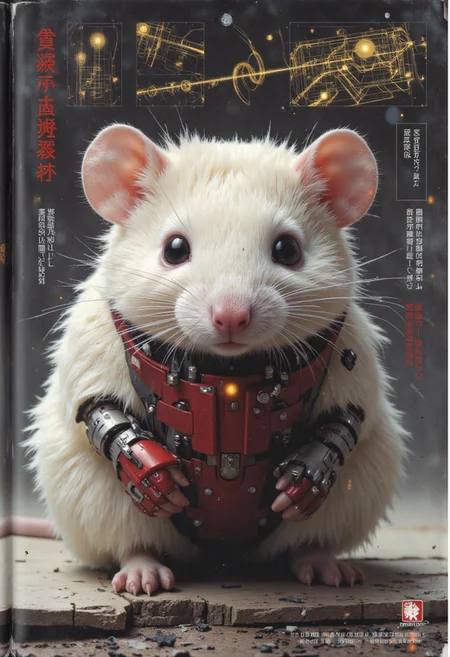 The image is a high-resolution photograph of a futuristic, highly detailed, fluffy mouse rendered in a realistic, CGI style. The mouse is depicted in a dramatic, close-up view, showcasing its intricate fur texture and an otherworldly design. The mouse is primarily white and red with metallic accents, suggesting it has been integrated with advanced technology. Its small, delicate paws rest gently on a surface, while its body features subtle mechanical components, such as metallic plating and tiny embedded circuits, indicating a blend of organic and technological elements. The mouse's large, expressive eyes glimmer with intelligence, and its whiskers appear finely detailed. Around the mouse, various technical diagrams and Japanese characters are displayed, suggesting it might be part of a promotional image for a sci-fi or cybernetic technology concept.