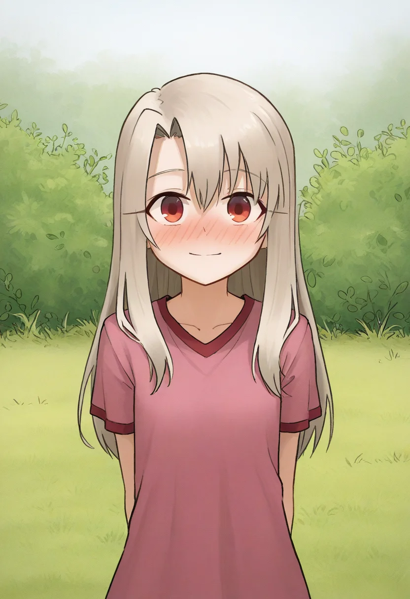 General, illyasviel von einzbern, red eyes, long hair, look at the viewer, light smile, head up, arms behind back, chest up,
<lora:DHHL_v1_epoch_15>, DHHL, outdoors, grass, bush,
(masterpiece:0.7), (best quality:0.7), nose blush,