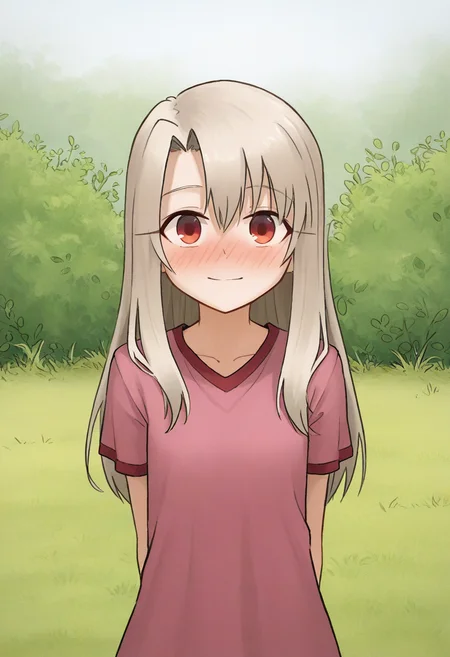 General, illyasviel von einzbern, red eyes, long hair, look at the viewer, light smile, head up, arms behind back, chest up,
<lora:DHHL_v1_epoch_15>, DHHL, outdoors, grass, bush,
(masterpiece:0.7), (best quality:0.7), nose blush,