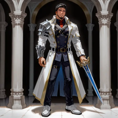 <lora:Dios_Alchemist_Code-000004:.5> tagatamedios, 1boy, mature male, middle hair, red eyes, coat, shirt, armor, pants, belt, shoes, sword
(very short hair, beard, bara, mature, facial hair, stubble, beard, full beard, sideburn, beard, a lot of beard, ), facial hair,male focus, muscular male, muscular male, bara, mature,  bara, mature, aixiwuganda_(20222192), very awa, masterpiece, best quality, absurdres, newest, perfect quality, detailed background, intricate details,
<lora:slider_Body Type_alpha1.0_rank4_noxattn_last:3><lora:Anime Summer Days 2 Style SDXL_LoRA_Pony Diffusion V6 XL:.6><lora:slider_cfg_scale_boost:.7><lora:Artist6p:.55>, Artist6p, Artist04p,<lora:slider_il_brightness_slider_d1:-1><lora:slider_il_contrast_slider_d1:-1><lora:slider_DarkSlider1.2_alpha1.0_rank16_full_300steps:-.6>