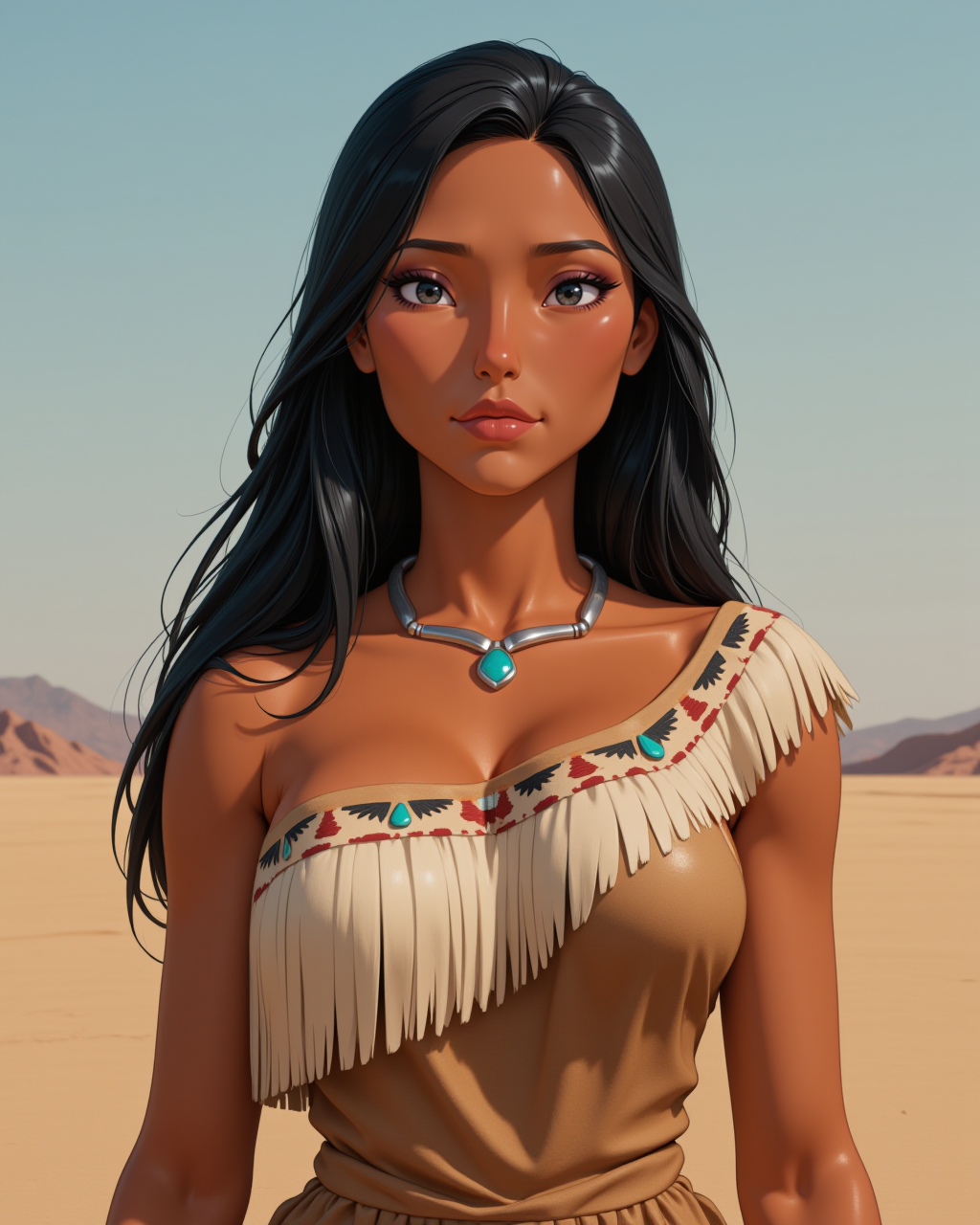 wide shot, looking at viewer, outdoors daylight, 20 year old woman
front view, passport style with upper body and waistline 
<lora:Disney_-_Pocahontas_v2-000030:1> d-pocahontas a 20 year old adult woman with black eyes, black hair and dark skin.
a strong, graceful woman with long flowing raven-black hair, wearing a one-shoulder buckskin dress with soft fringe along the hem and neckline, subtle tribal beadwork, simple turquoise pendant necklace,