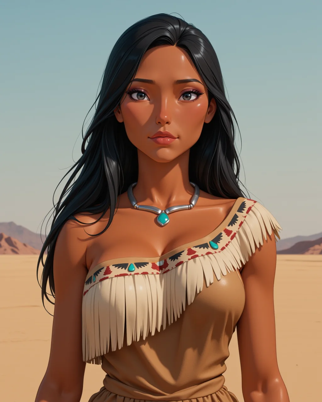 wide shot, looking at viewer, outdoors daylight, 20 year old woman
front view, passport style with upper body and waistline
<lora:Disney_-_Pocahontas_v2-000030:1> d-pocahontas a 20 year old adult woman with black eyes, black hair and dark skin.
a strong, graceful woman with long flowing raven-black hair, wearing a one-shoulder buckskin dress with soft fringe along the hem and neckline, subtle tribal beadwork, simple turquoise pendant necklace,