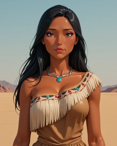 wide shot, looking at viewer, outdoors daylight, 20 year old woman
front view, passport style with upper body and waistline 
<lora:Disney_-_Pocahontas_v2-000030:1> d-pocahontas a 20 year old adult woman with black eyes, black hair and dark skin.
a strong, graceful woman with long flowing raven-black hair, wearing a one-shoulder buckskin dress with soft fringe along the hem and neckline, subtle tribal beadwork, simple turquoise pendant necklace,