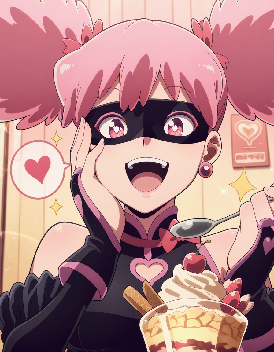 masterpiece, best quality, amazing quality,, <lora:kazuho-haneyama-alpha-illustriousxl-lora-nochekaiser:1>, kazuho haneyama, twintails, pink hair, pink eyes, mask, domino mask, mature female, small breasts, anime screencap, <lora:parfait-illustriousxl-lora-nochekaiser:1>, parfait, open mouth, heart, food, sparkle, fruit, happy, hand on own face, spoken heart, ice cream, strawberry, spoon, hand on own cheek, cherry, holding spoon, , ,
