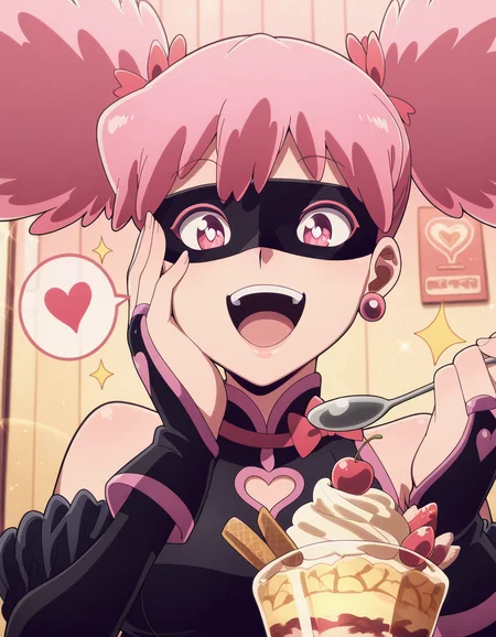 masterpiece, best quality, amazing quality,, <lora:kazuho-haneyama-alpha-illustriousxl-lora-nochekaiser:1>, kazuho haneyama, twintails, pink hair, pink eyes, mask, domino mask, mature female, small breasts, anime screencap, <lora:parfait-illustriousxl-lora-nochekaiser:1>, parfait, open mouth, heart, food, sparkle, fruit, happy, hand on own face, spoken heart, ice cream, strawberry, spoon, hand on own cheek, cherry, holding spoon, , ,