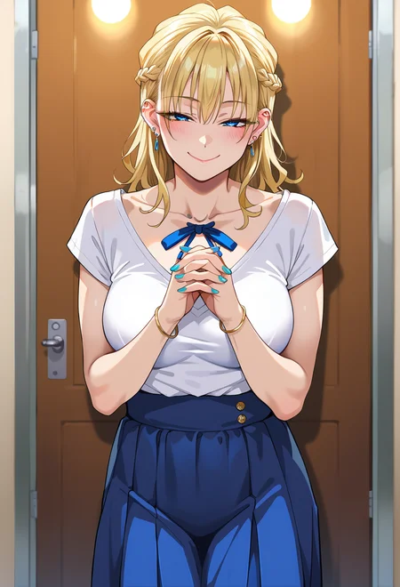 score_9, score_8_up, score_7_up, source_anime, 1girl, solo, absolutely resolution, cowboy shot,
<lora:bachiboko_piercing_ojousama_v1-rev3:0.9> bachiboko_piercing_ojousama, blonde hair, blue eyes, large breasts, half-closed eyes,
blue long skirt, Plunging neckline shirt, short sleeves,
anti-eyebrow piercings , blue ribbon piercing, neck piercing, nail polish,
blush, kindly smile, closed mouth,
Clasp hands in front of,