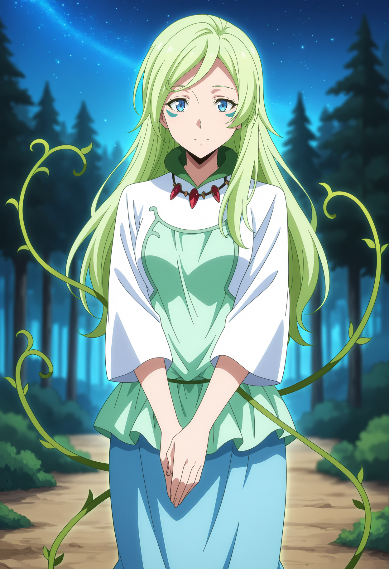 anime screencap, masterpiece, best quality,
<lora:TenSura_Treyni_IlluXL:0.9>,
1girl, solo, closed mouth, light smile,
long hair, green hair, blue eyes, facial mark, vines,
multicolored dress, white dress, green dress, necklace, long sleeves,
long skirt, blue skirt,
own hands together, standing, looking at viewer, cowboy shot,
outdoors, forest, night, starry sky, blurry background