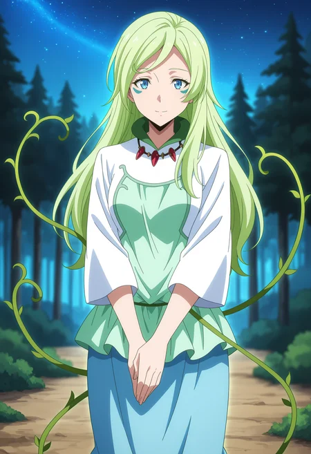 anime screencap, masterpiece, best quality,
<lora:TenSura_Treyni_IlluXL:0.9>,
1girl, solo, closed mouth, light smile,
long hair, green hair, blue eyes, facial mark, vines,
multicolored dress, white dress, green dress, necklace, long sleeves,
long skirt, blue skirt,
own hands together, standing, looking at viewer, cowboy shot,
outdoors, forest, night, starry sky, blurry background