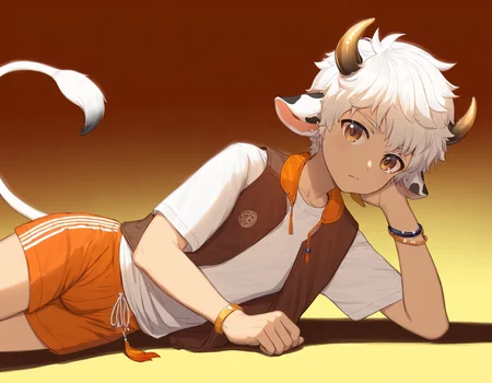 masterpiece, best quality, luye-style, simple background, orange gradient background, backlighting, 1boy, solo, white hair, brown eyes, looking at viewer, cow horns, cow tail, cow ears, closed mouth, white t-shirt, brown vest, open vest, orange shorts, on side, bracelet <lora:luye-yuan_naXL_v3c-ShoAI:1>